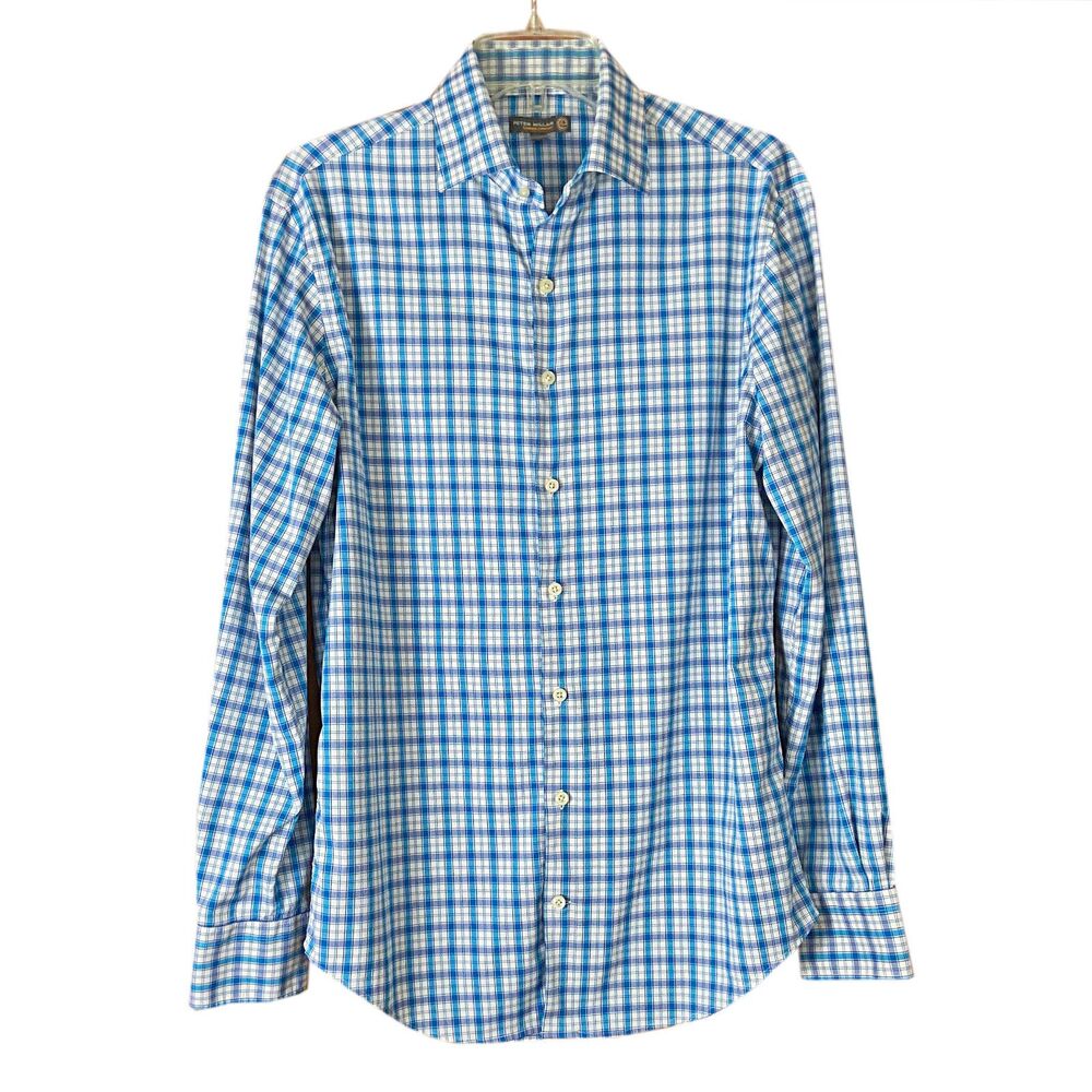 Peter Millar Summer Comfort Long Sleeve Button-up Shirt size M Blue White Plaid
